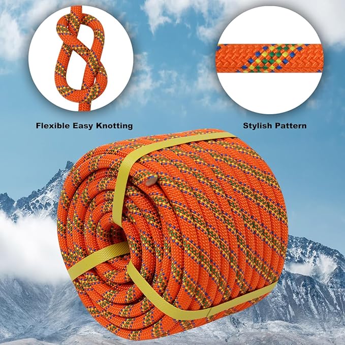 Double Braided Arborist Rope - 1/2 Inch x 150 Feet Polyester Rope - High Strength Climbing Rope for Tree Work, Halyard, Sailing (Orange)