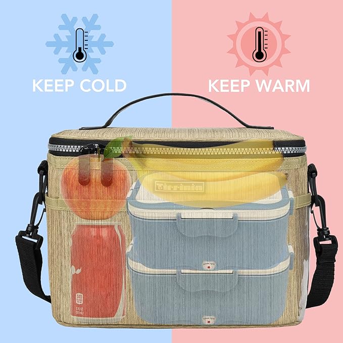 Tirrinia Insulated Lunch Box for Women Men, Leakproof Reusable Lunch Bag Containers for Adult,Working,Office,Lunch Soft Cooler Bag Tote for Picnic Hiking Beach,Khaki