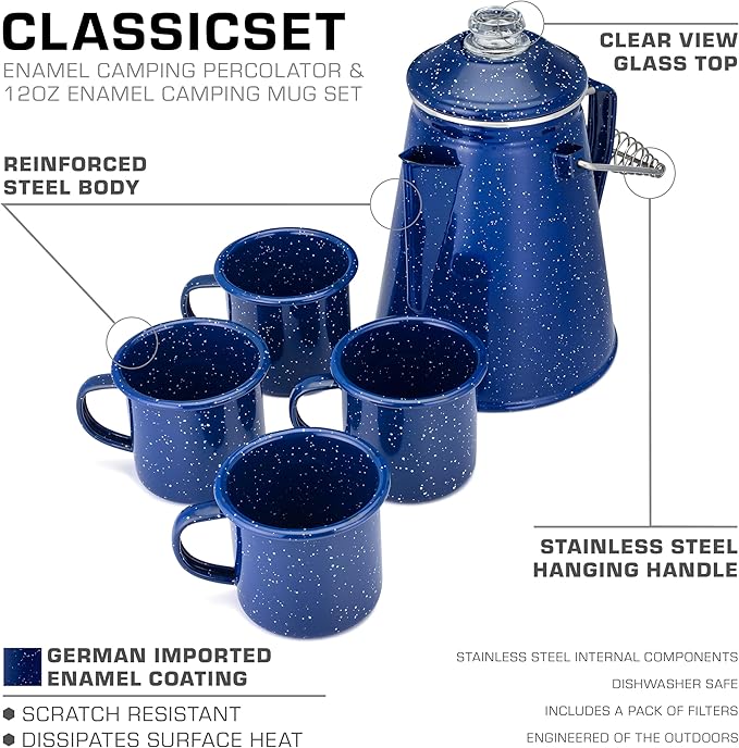 COLETTI Classic Camping Coffee Pot & Mug Set - Percolator Coffee Pot, Enamel Mug Complete Nostalgic Bundle German Imported Enamel Powder [12 oz, Set of 4] (Blue)