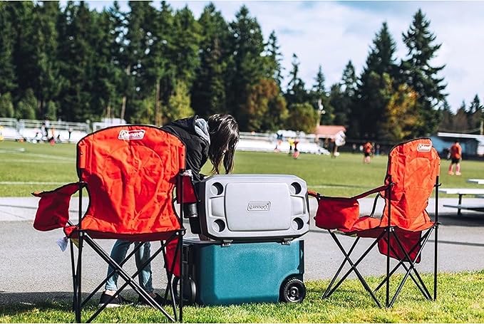 Coleman Portable Quad Camping Chair with 4-Can Cooler, Cushioned Seat & Back with Side Pockets & Cup Holder, Carry Bag Included