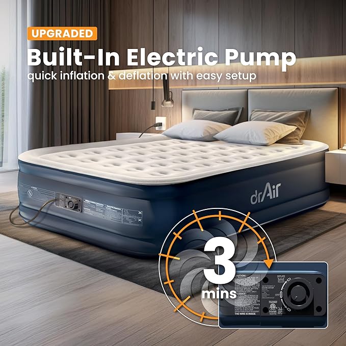 Queen Air Mattress, 18” Raised Inflatable Bed with Built-in Pump, Waterproof Velvety Top, Ergonomic Design, Reinforced Support, and Carry Bag for Home, Camping, and Guests