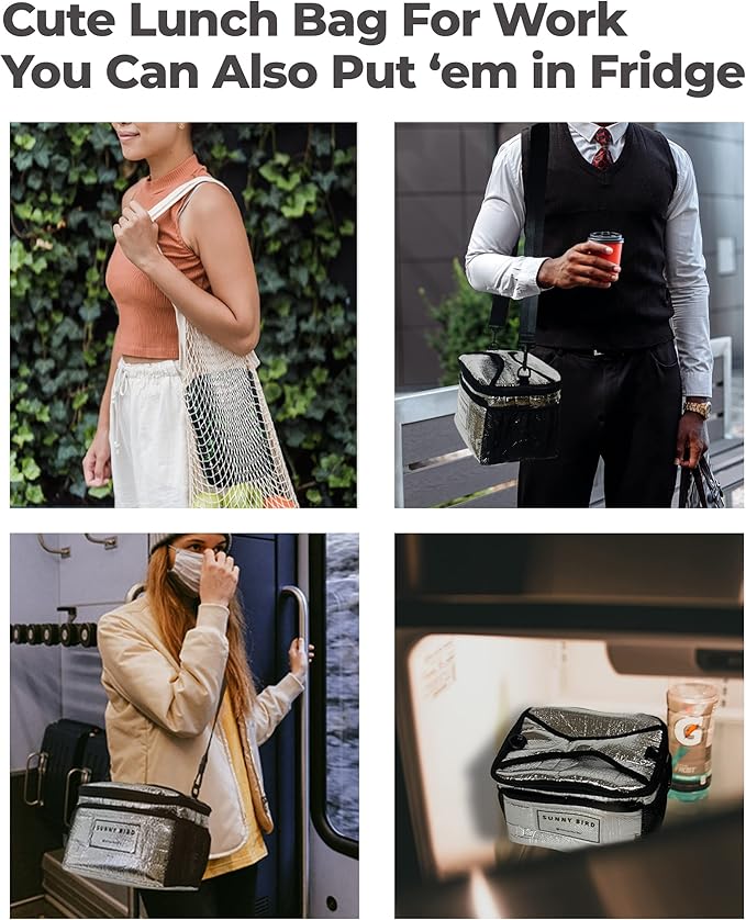 SUNNY BIRD Insulated Lunch Bag with Foldable and Leakproof Design, Thermally Insulated, Shoulder Strap for Women, Men and Teen (Black 002)