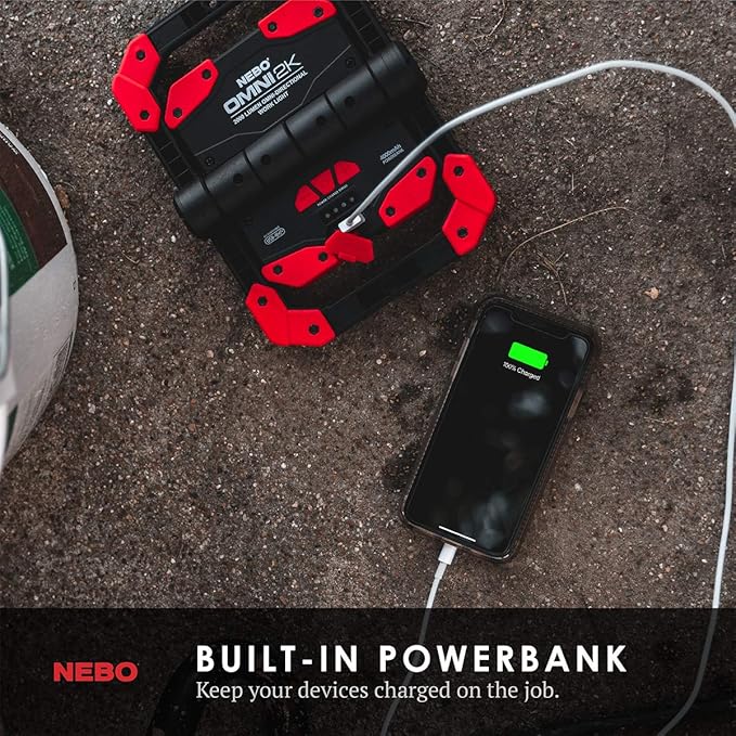 NEBO OMNI 2K Rechargeable Work Light | 2000 Lumens COB, 6 Light Modes, Rotating Magnetic Handles, Built-In Power Bank, Water Resistant, Portable Camping Lantern, Includes USB-C Charging Cable