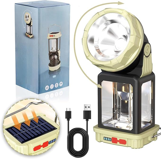 HOMY Electric Lanterns Solar Charging Gray-Green Camping Essentials LED Lights and Rechargeable Flashlight Headlight + Big Lights, 5 Light Mode Brighter Hanging Tent Lights Upgrade