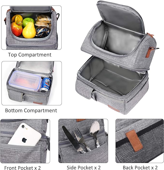LOKASS Lunch Bag Double Deck Insulated Lunch Box Large Cooler Tote Bag with Removable Shoulder Strap Wide Open Thermal Meal Prep Lunch Organizer Box for Men/Women/Adults/Work/Outdoor, Gray