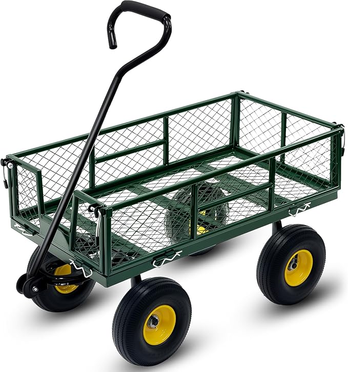 Steel Garden Cart, 2-in-1 Heavy Duty Utility Wagon 500 LBS Capacity Carts with Removable Mesh Sides to Convert into Flatbed, 240° U-Turn 10" Pneumatic Tires Garden Wagon for Lawn Camping Farm Yard