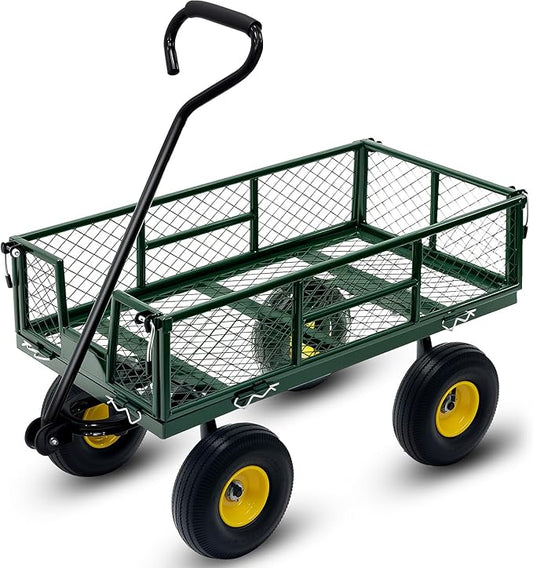 Steel Garden Cart, 2-in-1 Heavy Duty Utility Wagon 500 LBS Capacity Carts with Removable Mesh Sides to Convert into Flatbed, 240° U-Turn 10" Pneumatic Tires Garden Wagon for Lawn Camping Farm Yard