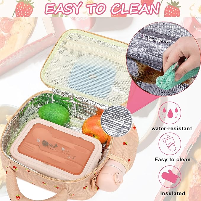 LOIDOU Lunch Box for Kids Girls Cute Corduroy Insulated Lunch Bag Thermal Meal Tote Reusable Lunch Pail Bags for School Travel ((Corduroy Strawberry Pink)