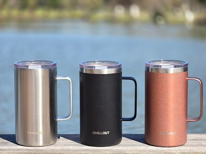 CHILLOUT LIFE Stainless Steel Vacuum Insulated Coffee Mug 16 oz (Set of 2) with Handle and Lid, Large Thermal Camping Coffee Mugs with Sliding Lid for Men & Women, Keeps Your Beverages Hot & Cold