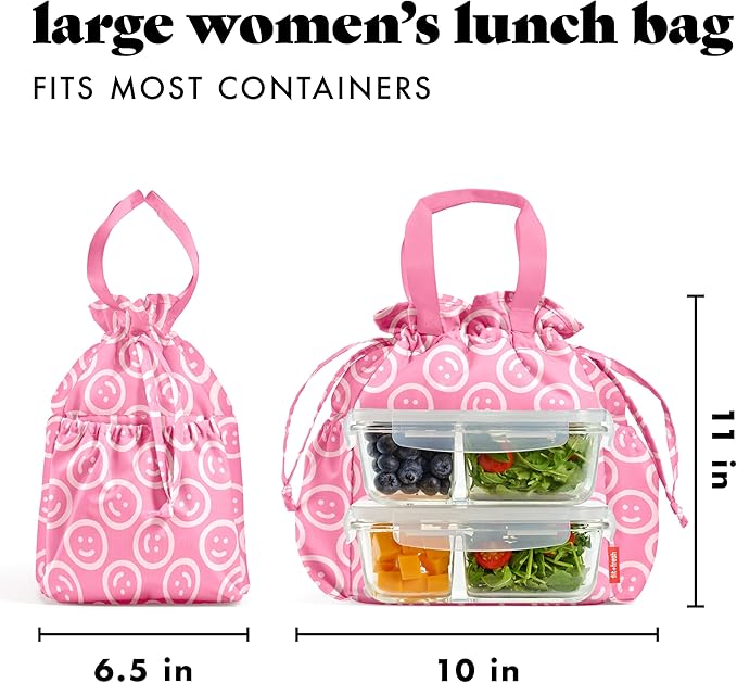 Fit & Fresh Lunch Bag For Women, Insulated Womens Lunch Bag For Work, Stain-Resistant Large Lunch Box For Women With Containers, Cinch Closure Cromwell Bag, All Smiles Fuchsia