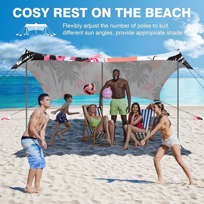 Rhino Valley Beach Tent Sun Shelter, 10x10FT Beach Canopy Tent Sun Shade UPF50+ Protection with 8 Sandbags 4 Stability Poles, Outdoor Beach Shade Canopy 6-8 People for Beach Camping Fishing