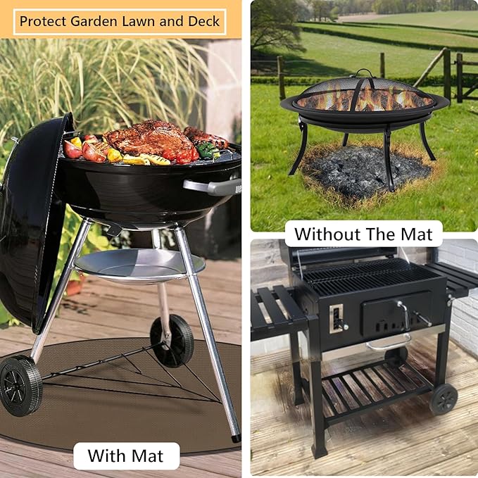 Anze Round Under Grill Mat for Outdoor Grill, 60 Inch Anti-Slip BBQ Floor Mats, Easy to Clean Reusable Fireproof Grill Pad, Oil-Proof Waterproof Protector for Deck Fireplace Pit Mat Brown