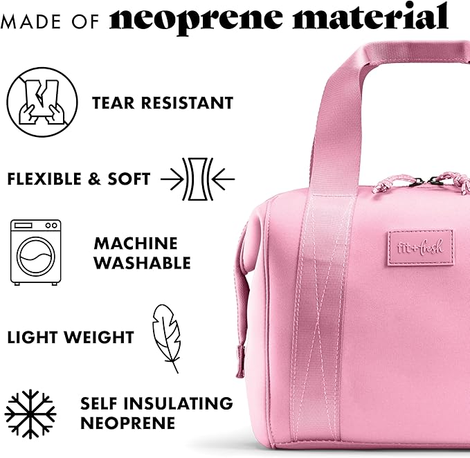 Fit & Fresh Neoprene Like Lunch Bag For Women, Insulated Womens Lunch Bag For Work, Tear & Stain Resistant Large Lunch Box With Containers and Ice, Machine Washable Remi Lunch Bag, Pink