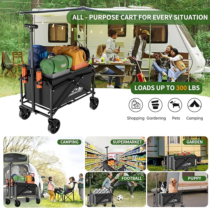 Collapsible Wagon Cart 220lbs Capacity, 4" Removable 360° Swivel Wheels & Adjustable, Waterproof 600D Oxford Fabric & MDF Base, All-Terrain Portable Utility Cart for Shopping, Garden