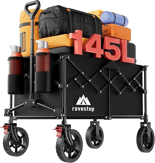 Collapsible Wagon Cart Heavy Duty Utility Carts with All Terrain Wheels for Garden, Grocery, Camping, Sports, Shopping, and Outdoor Use - 360lbs Capacity, Foldable, Portable, 145L Large Wagon