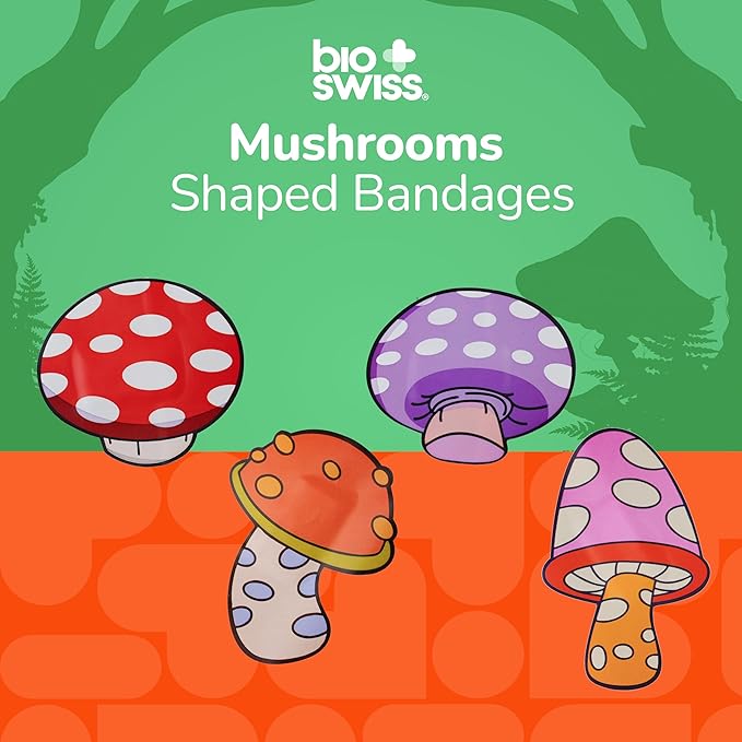 BioSwiss Bandages, Mushroom Shaped Self Adhesive Bandage, Latex Free Sterile Wound Care, Fun First Aid Kit Supplies for Kids and Adults, 24 Count