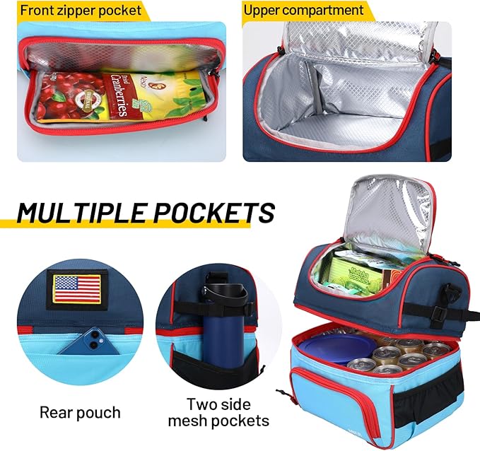 MIER 2 Compartment Lunch Bag Tote with Shoulder Strap for Men and Women Insulated Leakproof Cooler Bag, Blue