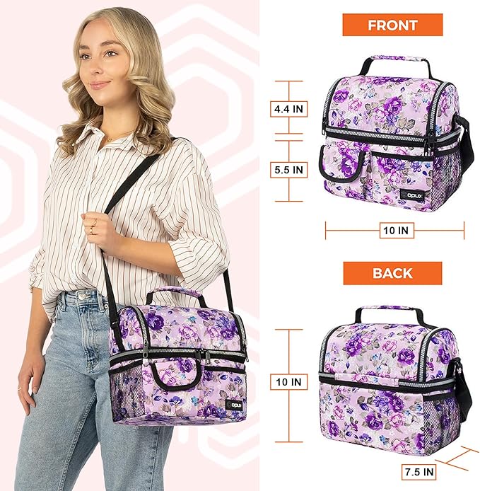 opux Lunch Bag Women Insulated, Adult Lunch Box Cooler, Flower Lunch Box, Dual Compartment Lunchbox for Work, Leakproof Double Decker Lunch Bag, Soft Lunch Pail Tote Girls Kids School, Floral Purple
