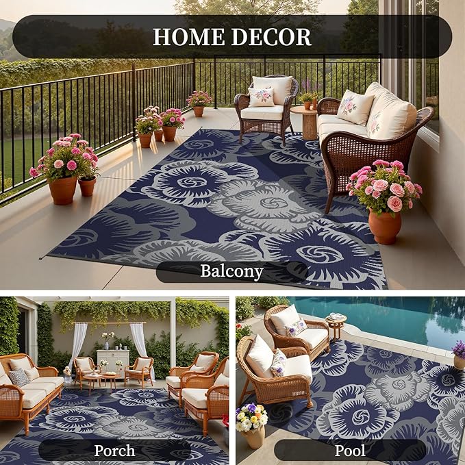 MontVoo Outdoor Rug-Waterproof Patio Rug Mat 6x9 Outdoor Carpet Mat Reversible Plastic Straw Outside Outdoor Rug for RV Camping Picnic Beach Balcony Backyard Pool Deck Farmhouse Floral Navy Blue