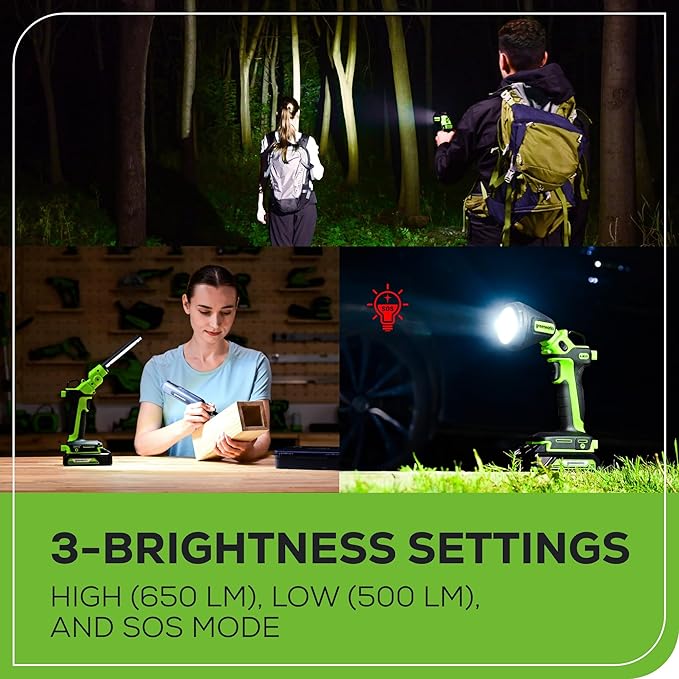 Greenworks 24V 2-in-1 Work Light, Dual Function, (2) Interchangeable Light Heads, 650 Lumen LED, Tool Only