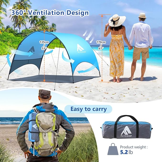 Beach Tent - Beach Shade Canopy Compact Fold (16.9x3.9″), Own Patent, 360° Ventilation, Large Side Storage Pocket, UV Protection Portable Sun Shelter for Beach (Blue, 90.5 * 59 * 53″)