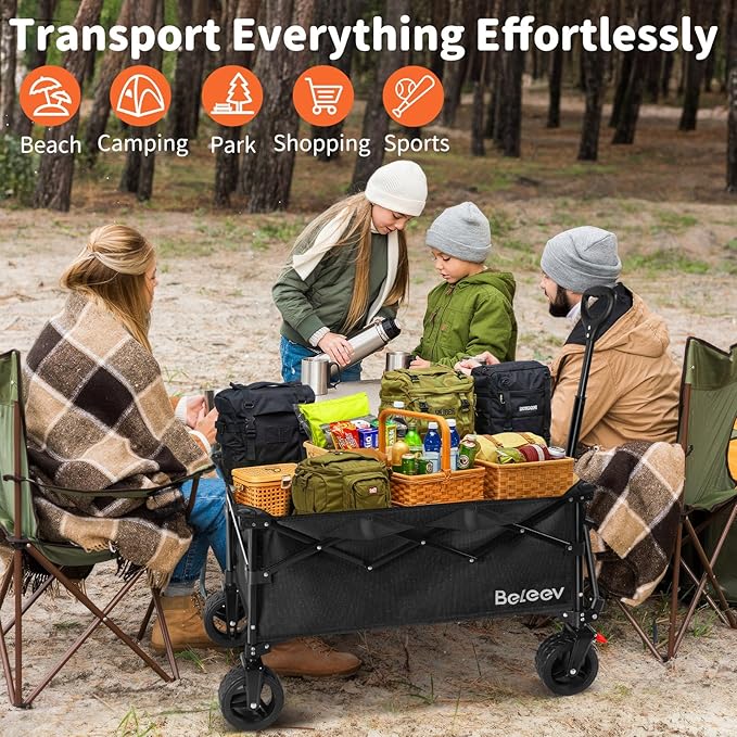BELEEV Collapsible Wagon Cart, Heavy Duty Foldable Utility Cart with 6" All-Terrain Big Wheels, 130L Large Capacity, Side Pocket & Drink Holders for Beach Grocery Garden Camping Sports Shopping(Black)