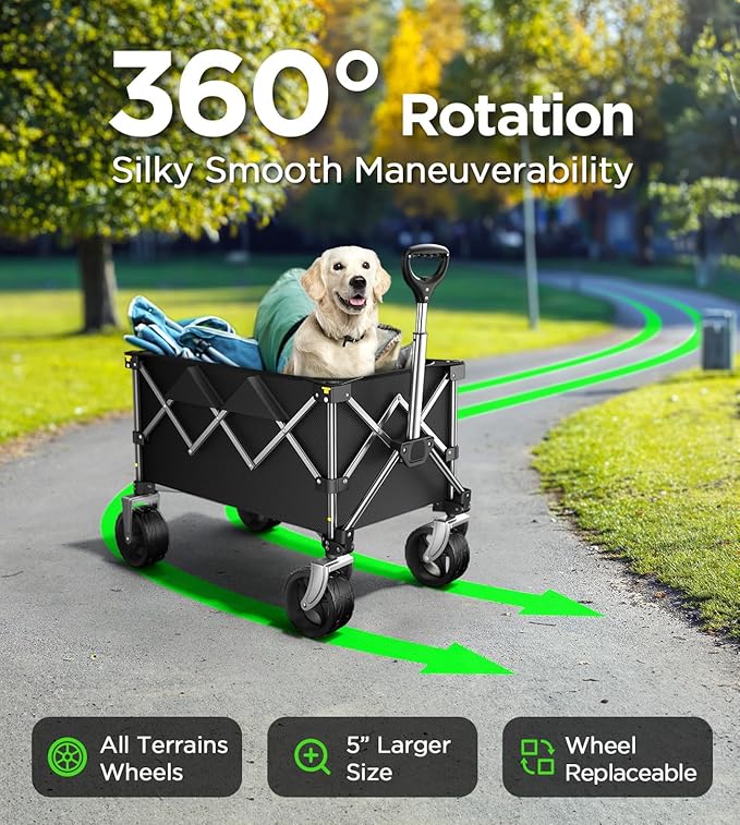 Beach Wagon,Collapsible Wagon 220lbs with Big Wheels FoldableWagon Carts,Portable Utility for Garden Grocery Sports Camping All Terrain-Black