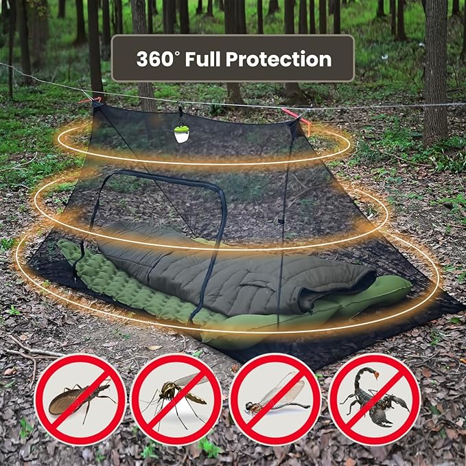 Onewind Camping Mosquito Net for Cot, Shelter Bugnet Camping Screen Room Ultralight No-See-Um Breathable Mesh Bugnet Mosquito Netting with Double Sided Zipper, Black