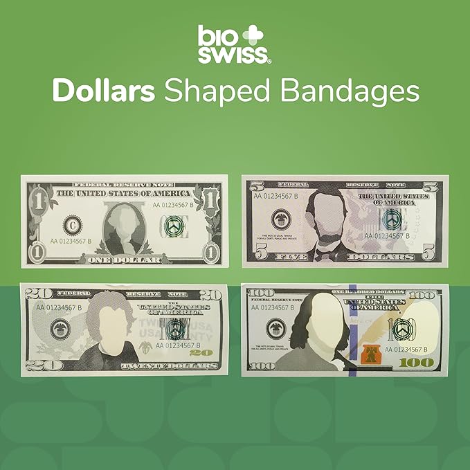 BioSwiss Bandages, Money Shaped Self Adhesive Bandage, Latex Free Sterile Wound Care, Fun First Aid Kit Supplies for Kids, 50 Count