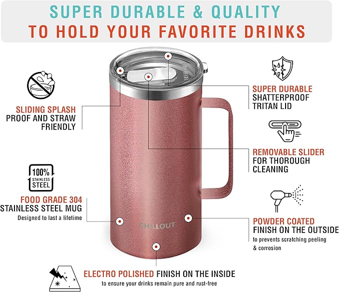 CHILLOUT LIFE Stainless Steel Vacuum Insulated Coffee Mug 16 oz (Set of 2) with Handle and Lid, Large Thermal Camping Coffee Mugs with Sliding Lid for Men & Women, Keeps Your Beverages Hot & Cold