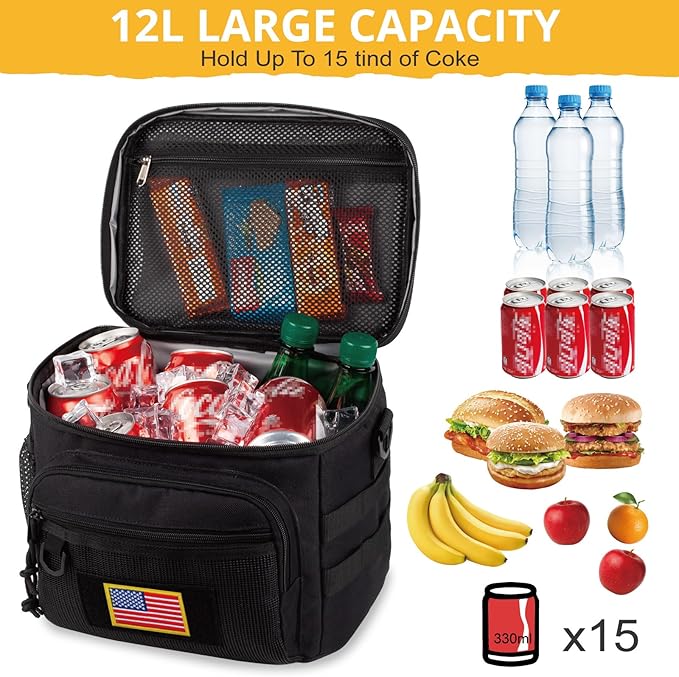 Tactical Reusable Lunch Bag for Men/Women - Insulated Lunch Box Leakproof Lunch Pail Freezable with Adjustable Shoulder Strap,Lunch Cooler Bag for Work Office Picnic Beach，Black