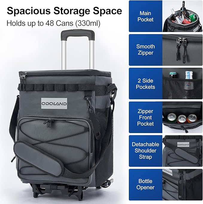Odoland 48/72 Cans Soft Cooler with Wheels and Handle Collapsible Ice Chest Rolling Coolers on Wheels for Beach Camping Travel and Picnic