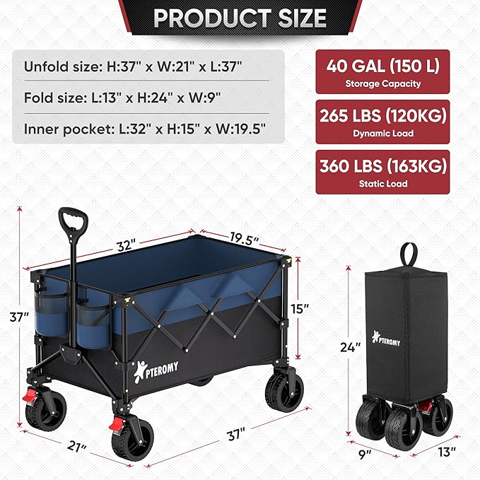 PTEROMY 150L Collapsible Wagon Cart Foldable, 360lbs Load Bearing Beach Cart Foldable Wagon for Shopping, Camping, Garden, Grocery, Outdoor (Black+Blue)
