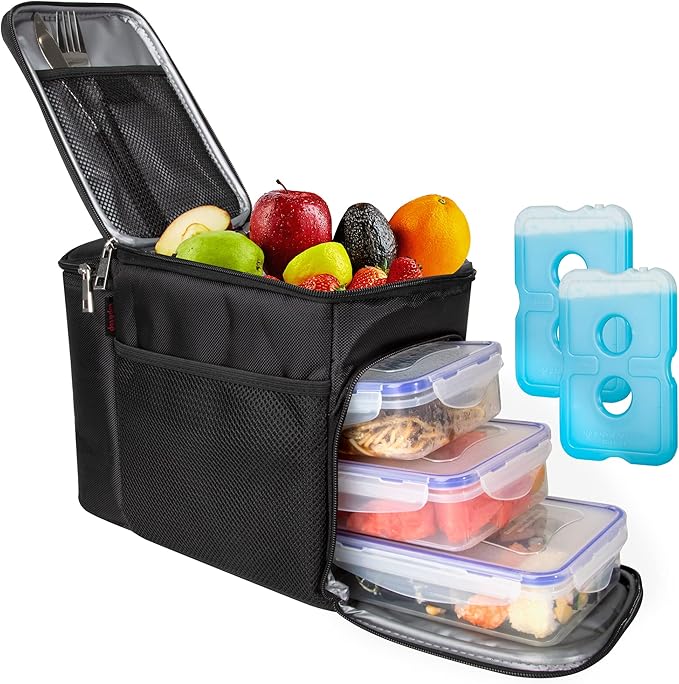 Top&Top Insulated Lunch Box Set and Cooler Bag for Men, Women (Tote Lunch Bag Includes 3 Reusable Meal Prep Containers + 2 Ice Pack + Detachable Shoulder Strap) Lunch Box for School, Office, Camping