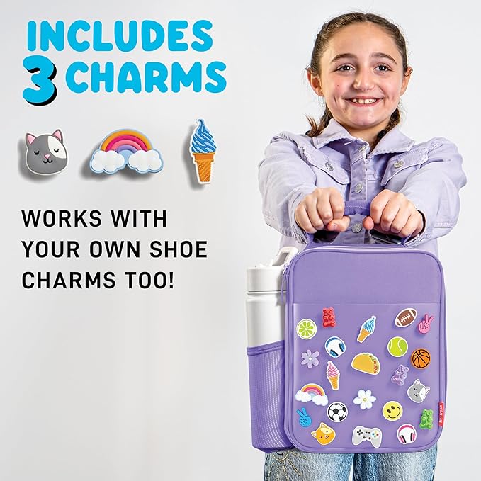 Fit & Fresh Charm Lunch Bag For Kids, Thermal Insulated Lunch Box For Kids Boys & Girls With Shoe Charm Slots For Personalization, School Lunch Box, Purple