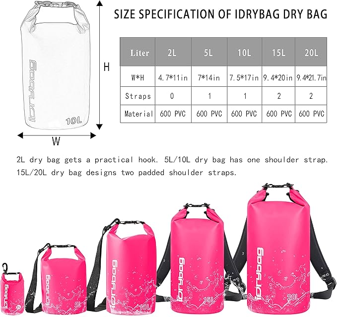 IDRYBAG Dry Bags for Kayaking Waterproof 2L/5L/10L/15L/20L, Small Dry Bag Waterproof Floating, Dry Sack Waterproof Bag for Paddleboarding Travel