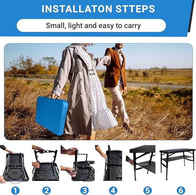 Portable Folding Table and Stool Set, Lightweight Foldable Table & Collapsible Stool for Camping Picnic Beach Fishing, Sturdy Small Outdoor Table with Mesh Layer Storage- Blue