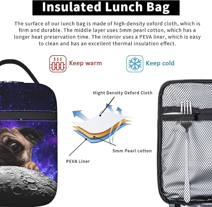 Pug Moon Space Lunch Box Reusable Insulated Totes Lunch Bag Thermal Cooler For Boy Girls School Men Women Beach Picnic Travel