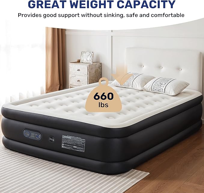YSSOA Queen Camping Air Mattress with Built-in Electric High-Speed Pump, 22" Bed Height, Comfort Blow Up Inflatable Airbed with Carrying Bag for Travel & Home Guests, Waterproof Foldable Portable