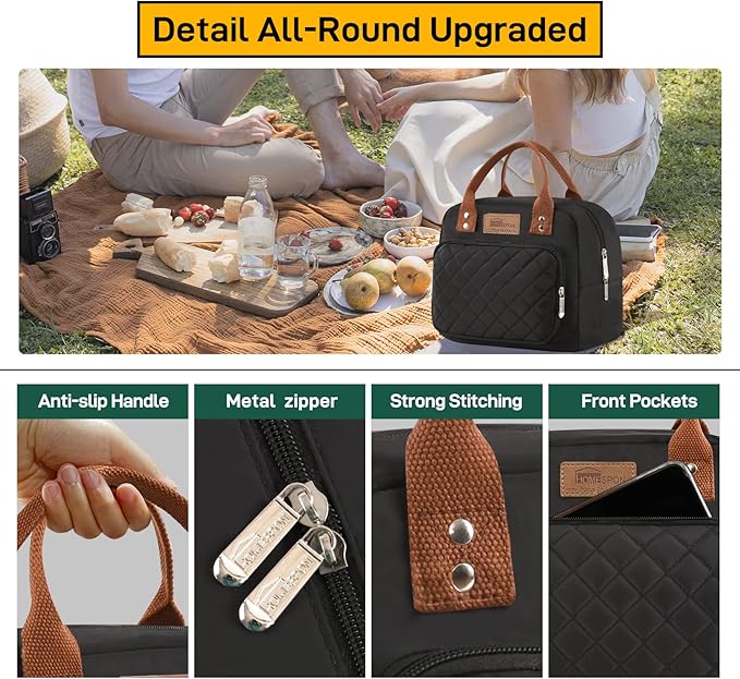 Buringer HOMESPON Lunch Bag for Woman Man Adults with Front Pocket Insulated Lunch Tote Lunch Box Container for Work Picnic or Travel（Black）