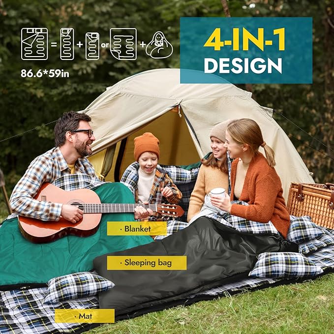 CANWAY Double Sleeping Bag Flannel for Adults Cold Weather Queen Size Two Person Sleeping Bags for Camping with 2 Pillows