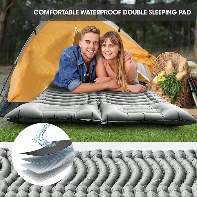 Double Sleeping Pad Self-Inflating 4" Thick for 2 Person Camping - Built-in Foot Pump, Ergonomic Pillow & Ultra-Portable Design for Backpacking, Hiking, Tent Use
