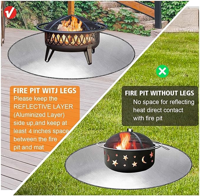 DocSafe 36" Round Fireproof Fire Pit Mat Grill Mat,Heat Insulated 4 Layers Indoor Fireplace Pad Protector for Patio,Deck,Grass,Lawn,Oil-Proof and Reusable and Waterproof,Easy to Clean,Black＆Silver