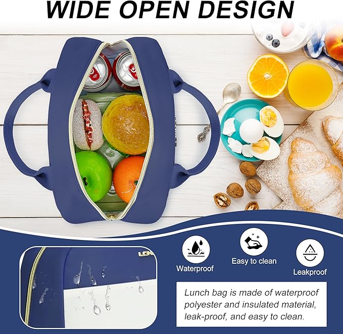 LOKASS Lunch Bag for Women-Insulated Adults Lunch Box with Front Pocket- Small Cute Lunch Tote for Work-Reusable Cooler Bag for Office Picnic Beach or Travel（Dark Blue）