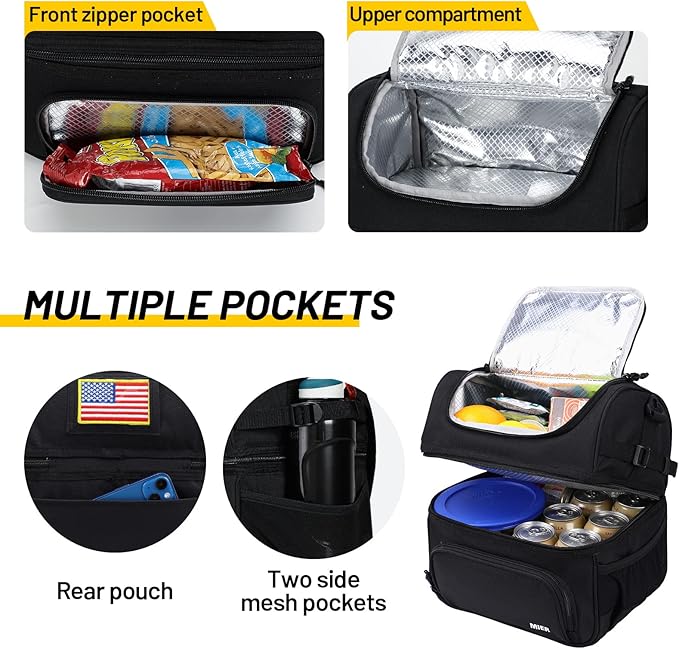 MIER Dual Compartment Lunch Bag Tote with Shoulder Strap for Men and Women Insulated Leakproof Cooler Bag, Black