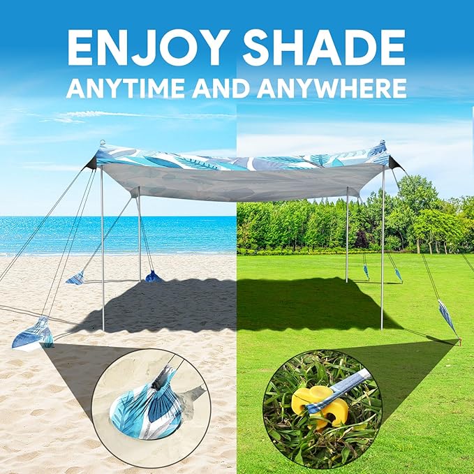 Beach Tent Sun Shelter, 10 x 10 FT Beach Canopy Tent Sun Shade, UPF50+ Beach Tent Canopy with 8 Sandbags & 4 Stability Poles, Outdoor Beach Tent for Beach Camping Fishing, Leaf