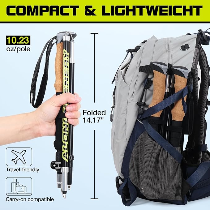 Collapsible Trekking Poles for Hiking-Lightweight Adjustable Walking Sticks with 7075 Aluminum,Anti-Shock,Quick Lock&Cork Grips for Men/Women,Camping,Backpacking,Mountaineering,2 Pcs