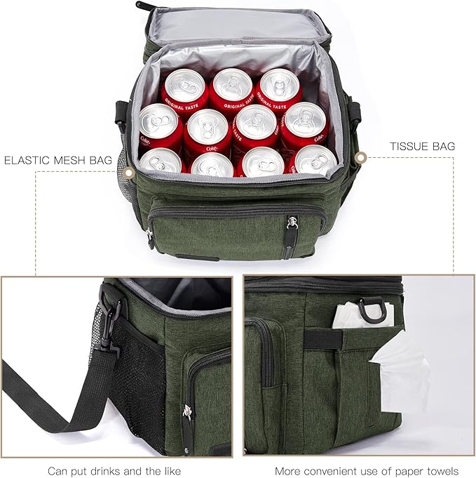 Men's and Women Double Compartment Lunch Bag, Insulated Lunch Cooler Tote 2 Roomy Large Reusable Water-resistant Lunch Box (Green)