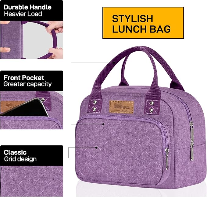 Buringer HOMESPON Lunch Bag for Woman Man Adults with Front Pocket Insulated Lunch Tote Lunch Box Container for Work Picnic or Travel（Purple）