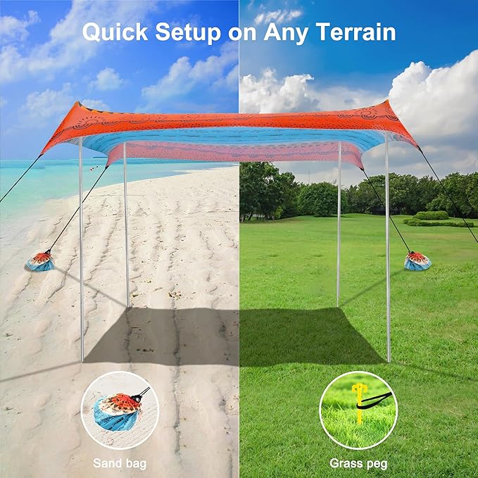 Beach Tent, Beach Canopy Sun Shade Sail UPF 50+, Portable 10×10 FT Camping Sun Shelter with Sandbags, Poles, Ground Pegs and Anti-Wind Ropes for Outdoor, Backyard, Picnics, Sport, Fishing